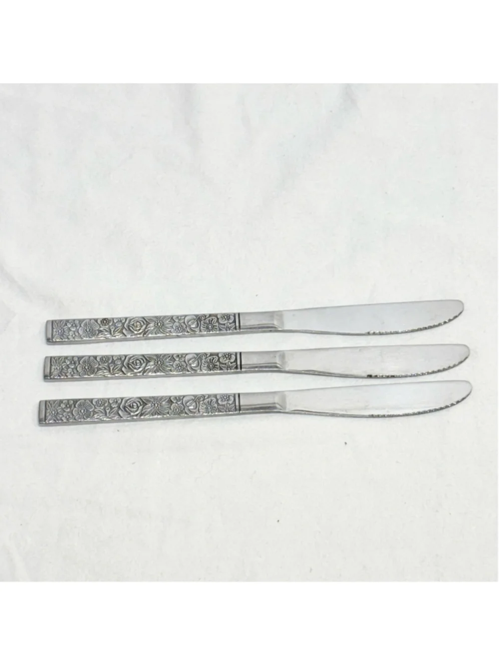VTG Set of 3 Stainless Steel Japan Floral Rose Handle Dinner Knives Flatware MCM